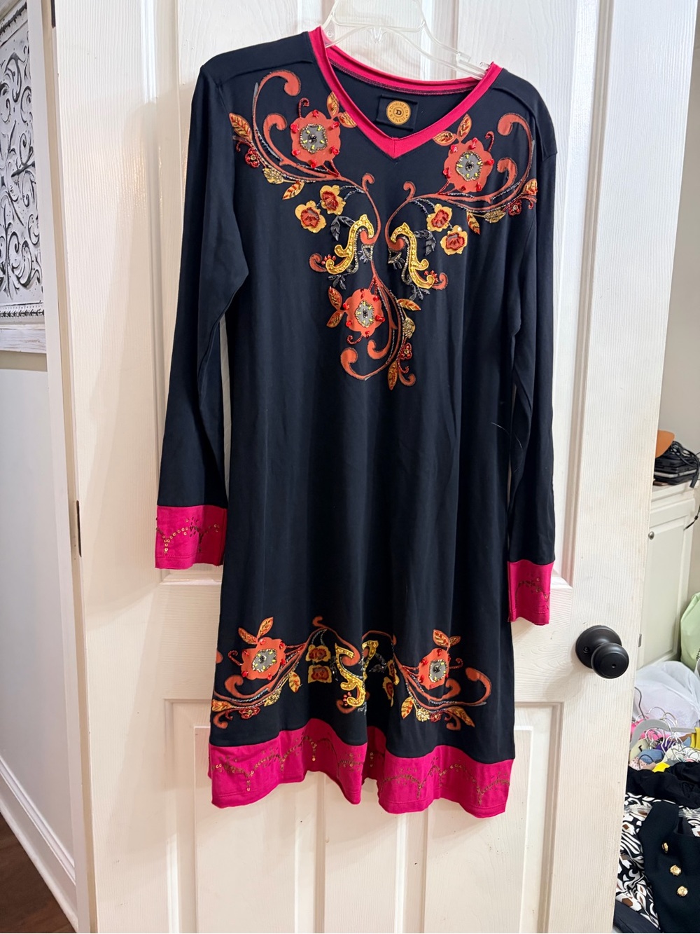 Black & Fuchsia Embroidered Long-Sleeve Dress